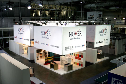 Exhibit Design, custom designed and constructed by Object Bart; Nover Stand featured a suspended 
bespoke inverted conical fabric sculpture, backlit with moving lights.